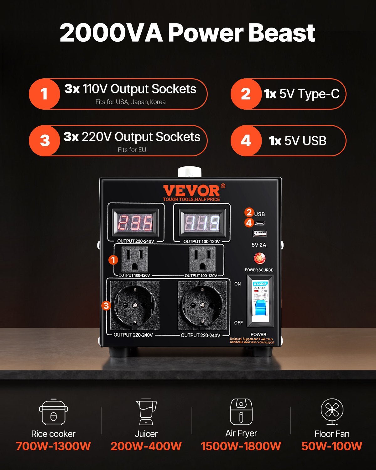 VEVOR sprieguma pārveidotājs transformators 2000 VA ar 110 V uz 220 V un 220 V uz 110 V pārveidošanu, ar US un EU ligzdām, 5 V USB izeju un CE sertifikāciju - ZEMLETES.LV