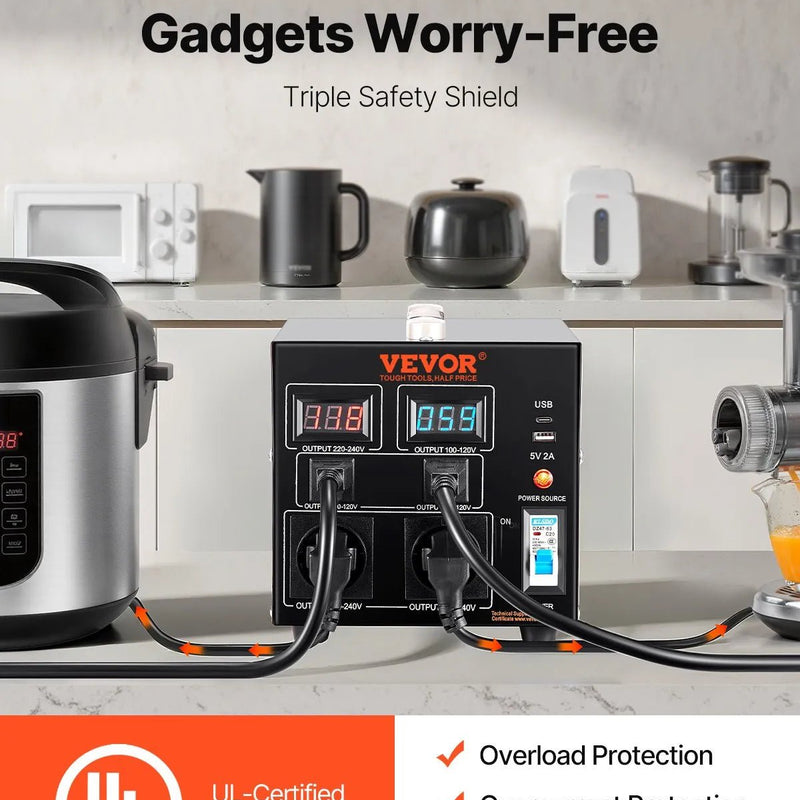 VEVOR sprieguma pārveidotājs transformators 2000 VA ar 110 V uz 220 V un 220 V uz 110 V pārveidošanu, ar US un EU ligzdām, 5 V USB izeju un CE sertifikāciju - ZEMLETES.LV