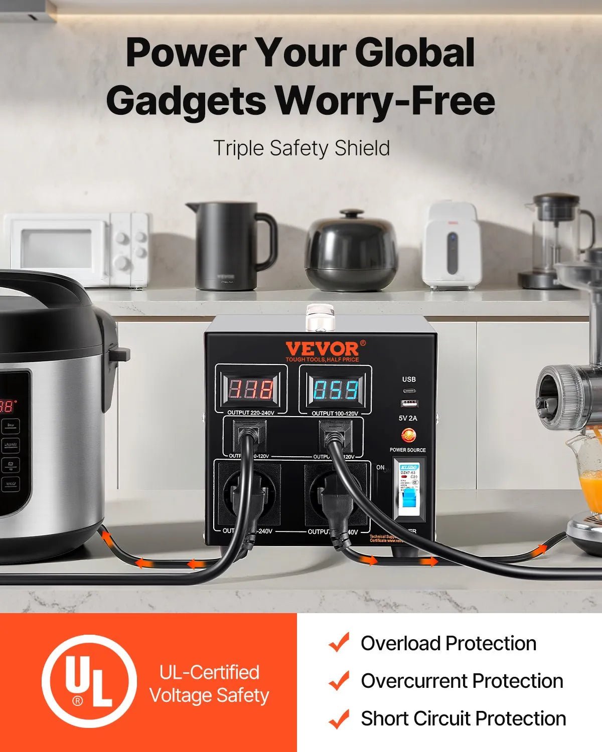 VEVOR sprieguma pārveidotājs transformators 2000 VA ar 110 V uz 220 V un 220 V uz 110 V pārveidošanu, ar US un EU ligzdām, 5 V USB izeju un CE sertifikāciju - ZEMLETES.LV