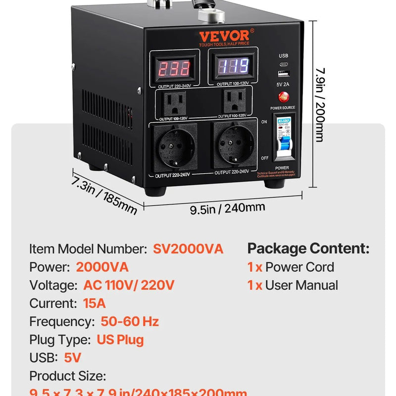 VEVOR sprieguma pārveidotājs transformators 2000 VA ar 110 V uz 220 V un 220 V uz 110 V pārveidošanu, ar US un EU ligzdām, 5 V USB izeju un CE sertifikāciju - ZEMLETES.LV