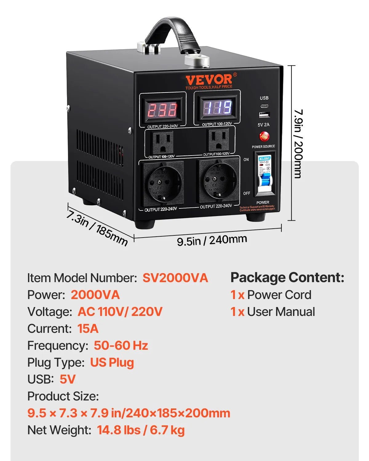 VEVOR sprieguma pārveidotājs transformators 2000 VA ar 110 V uz 220 V un 220 V uz 110 V pārveidošanu, ar US un EU ligzdām, 5 V USB izeju un CE sertifikāciju - ZEMLETES.LV