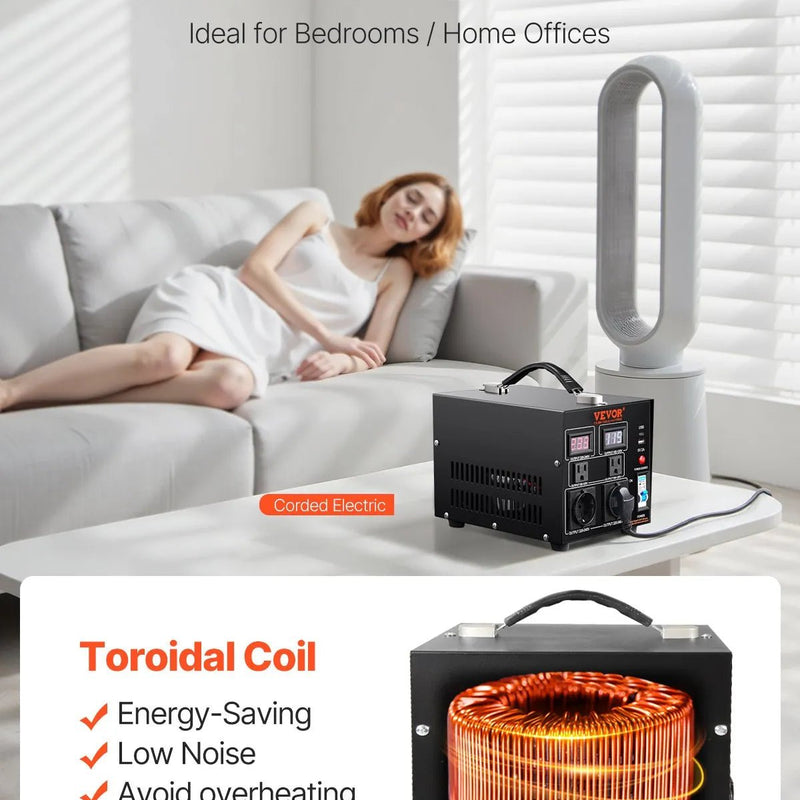 VEVOR sprieguma pārveidotājs transformators 2000 VA ar 110 V uz 220 V un 220 V uz 110 V pārveidošanu, ar US un EU ligzdām, 5 V USB izeju un CE sertifikāciju - ZEMLETES.LV