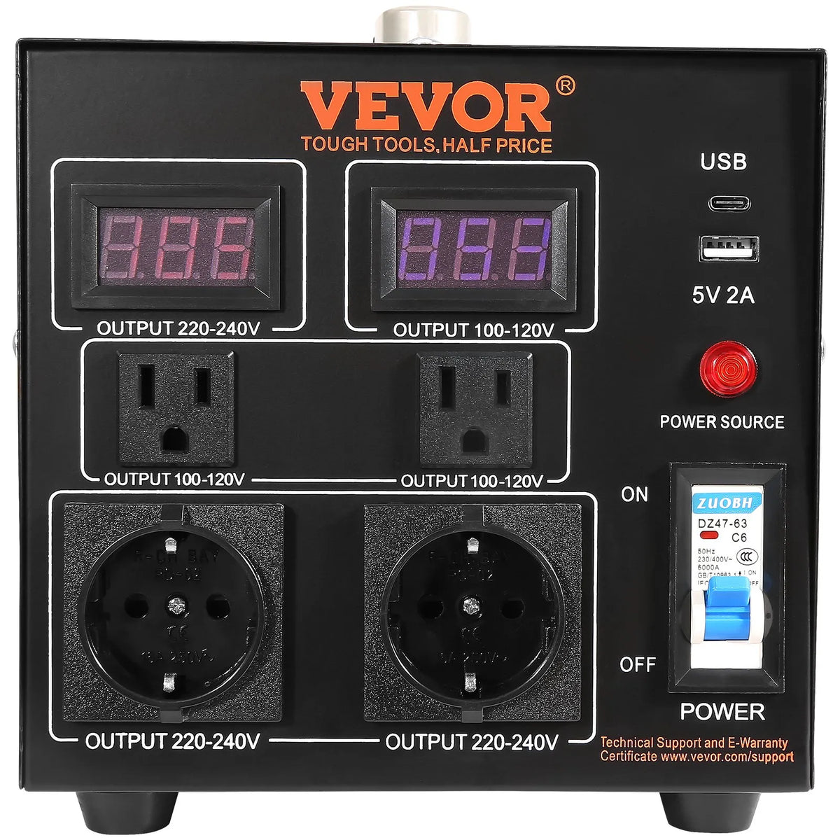 VEVOR sprieguma pārveidotājs transformators 2000 VA ar 110 V uz 220 V un 220 V uz 110 V pārveidošanu, ar US un EU ligzdām, 5 V USB izeju un CE sertifikāciju - ZEMLETES.LV