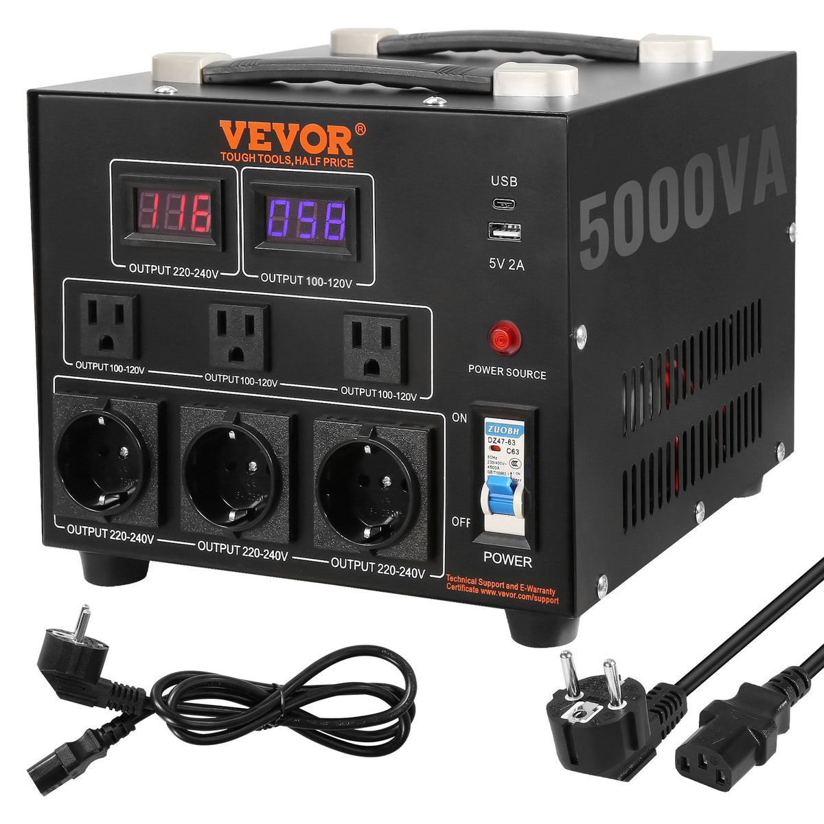 VEVOR sprieguma pārveidotājs transformators 5000 VA ar 110 V uz 220 V un 220 V uz 110 V pārveidošanu, ar US un EU ligzdām, 5 V USB izeju un CE sertifikāciju - ZEMLETES.LV