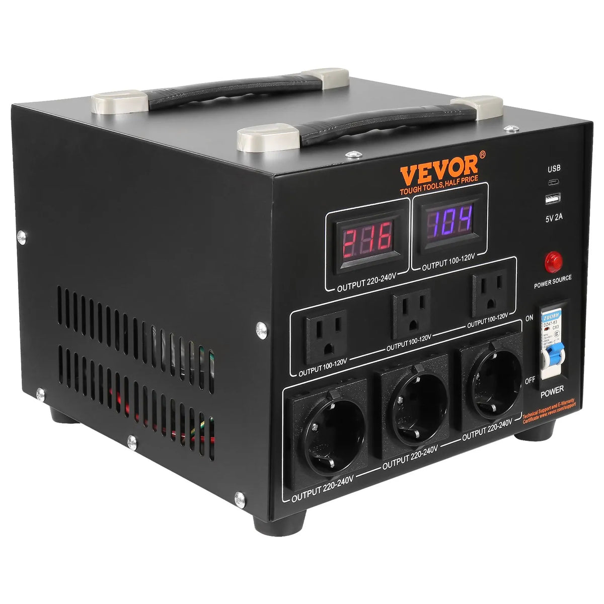 VEVOR sprieguma pārveidotājs transformators 5000 VA ar 110 V uz 220 V un 220 V uz 110 V pārveidošanu, ar US un EU ligzdām, 5 V USB izeju un CE sertifikāciju - ZEMLETES.LV
