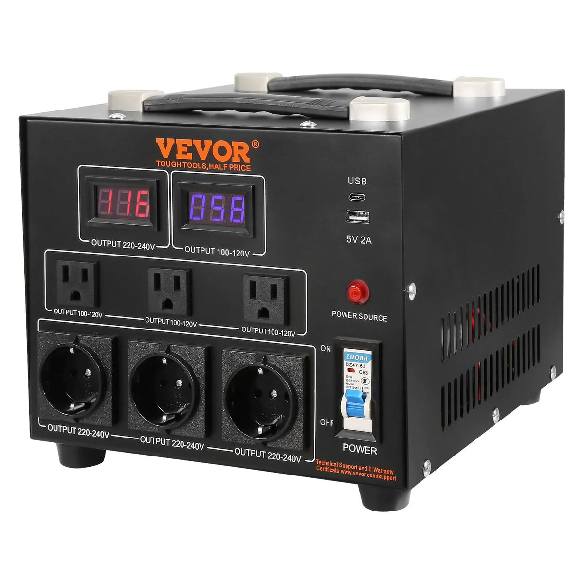 VEVOR sprieguma pārveidotājs transformators 5000 VA ar 110 V uz 220 V un 220 V uz 110 V pārveidošanu, ar US un EU ligzdām, 5 V USB izeju un CE sertifikāciju - ZEMLETES.LV