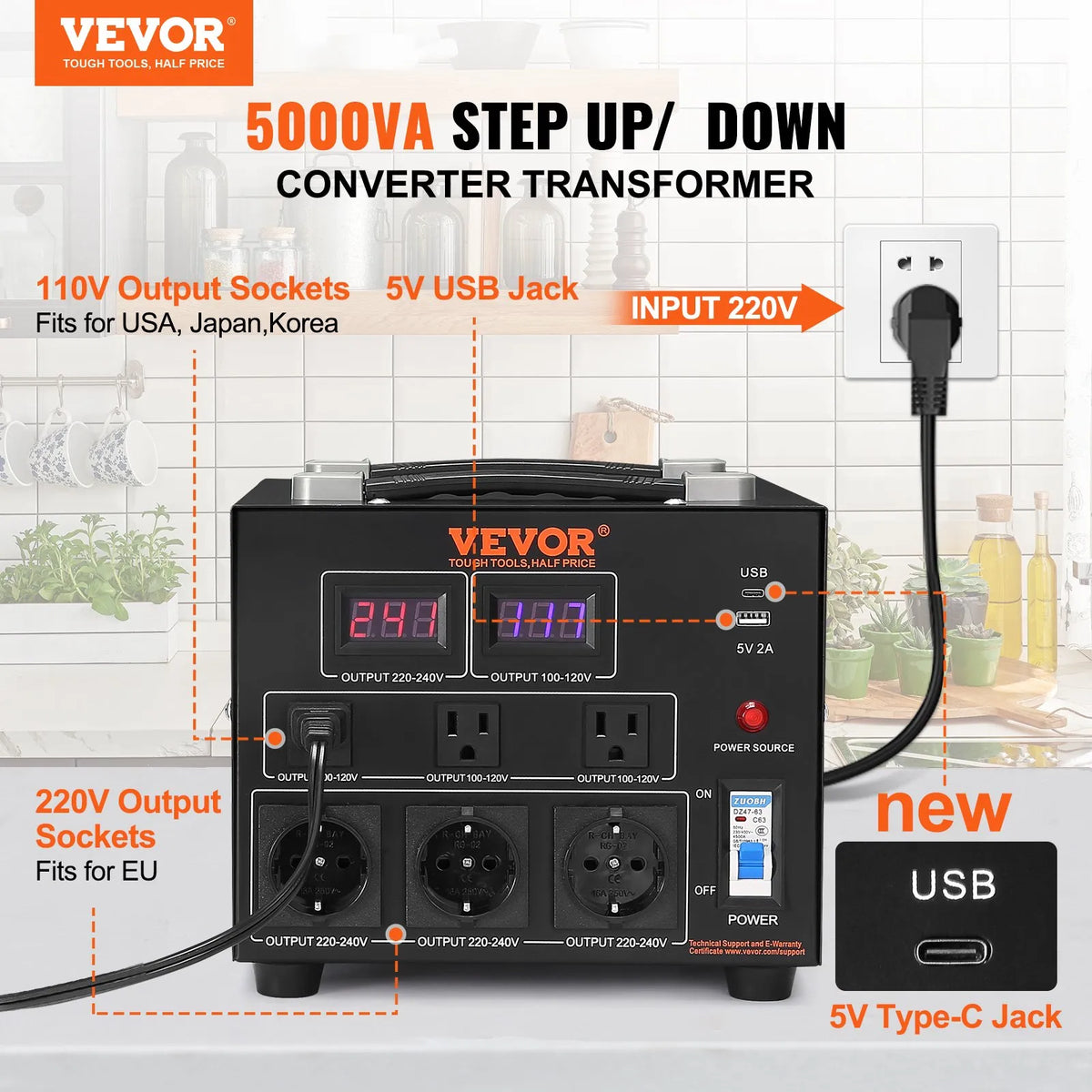 VEVOR sprieguma pārveidotājs transformators 5000 VA ar 110 V uz 220 V un 220 V uz 110 V pārveidošanu, ar US un EU ligzdām, 5 V USB izeju un CE sertifikāciju - ZEMLETES.LV