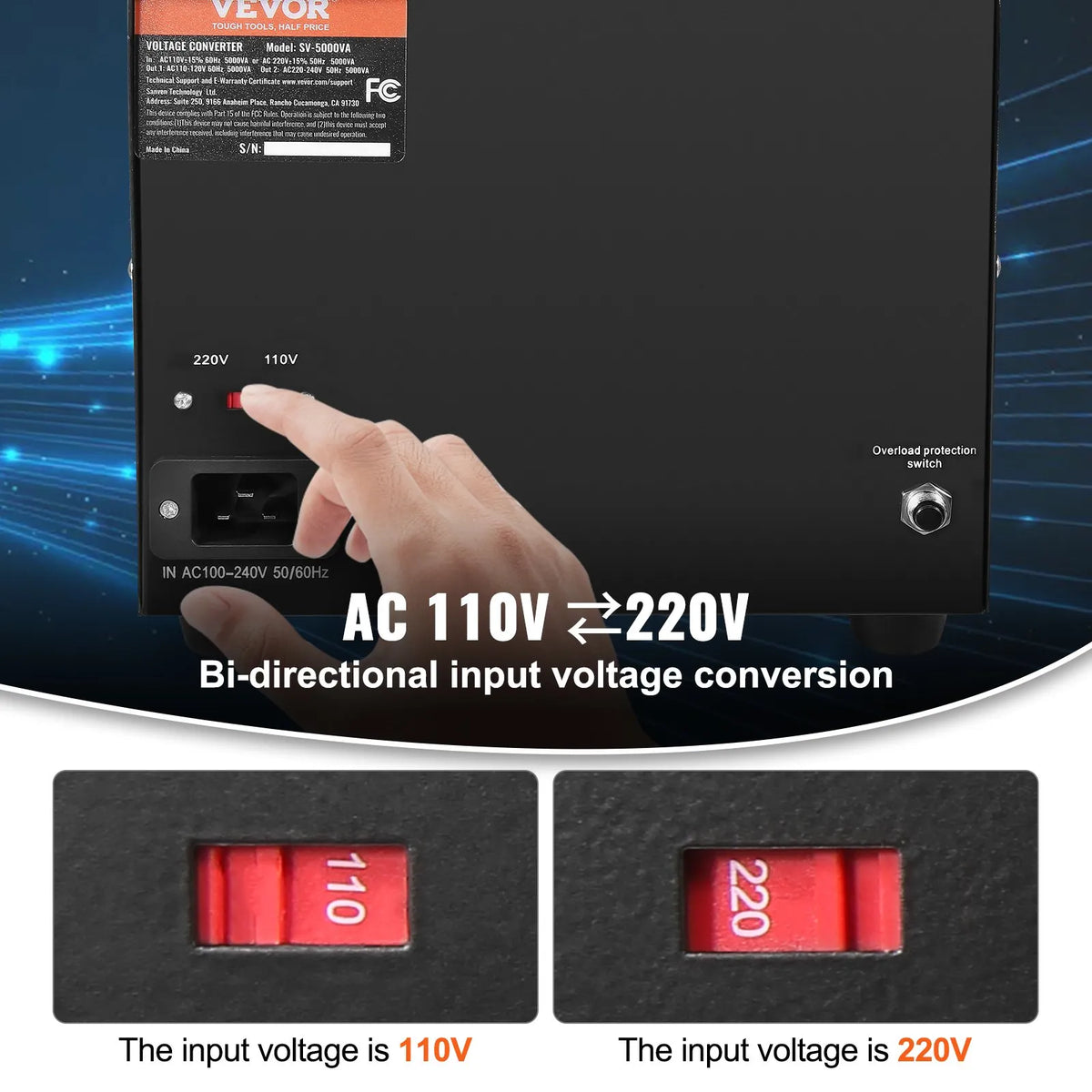 VEVOR sprieguma pārveidotājs transformators 5000 VA ar 110 V uz 220 V un 220 V uz 110 V pārveidošanu, ar US un EU ligzdām, 5 V USB izeju un CE sertifikāciju - ZEMLETES.LV