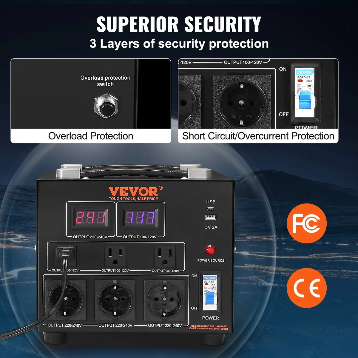 VEVOR sprieguma pārveidotājs transformators 5000 VA ar 110 V uz 220 V un 220 V uz 110 V pārveidošanu, ar US un EU ligzdām, 5 V USB izeju un CE sertifikāciju - ZEMLETES.LV