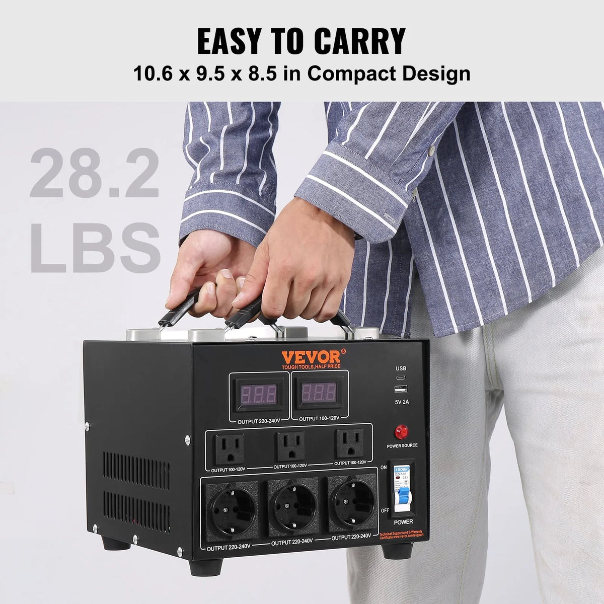 VEVOR sprieguma pārveidotājs transformators 5000 VA ar 110 V uz 220 V un 220 V uz 110 V pārveidošanu, ar US un EU ligzdām, 5 V USB izeju un CE sertifikāciju - ZEMLETES.LV