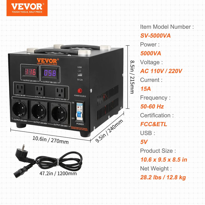 VEVOR sprieguma pārveidotājs transformators 5000 VA ar 110 V uz 220 V un 220 V uz 110 V pārveidošanu, ar US un EU ligzdām, 5 V USB izeju un CE sertifikāciju - ZEMLETES.LV