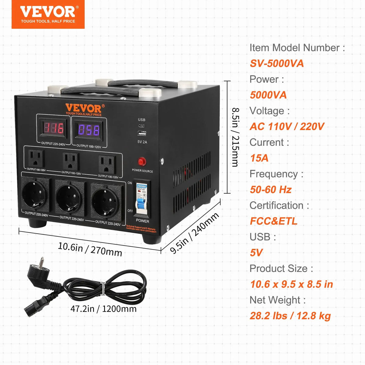 VEVOR sprieguma pārveidotājs transformators 5000 VA ar 110 V uz 220 V un 220 V uz 110 V pārveidošanu, ar US un EU ligzdām, 5 V USB izeju un CE sertifikāciju - ZEMLETES.LV