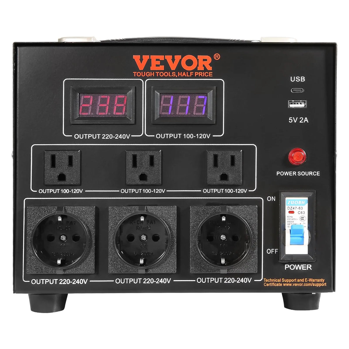 VEVOR sprieguma pārveidotājs transformators 5000 VA ar 110 V uz 220 V un 220 V uz 110 V pārveidošanu, ar US un EU ligzdām, 5 V USB izeju un CE sertifikāciju - ZEMLETES.LV