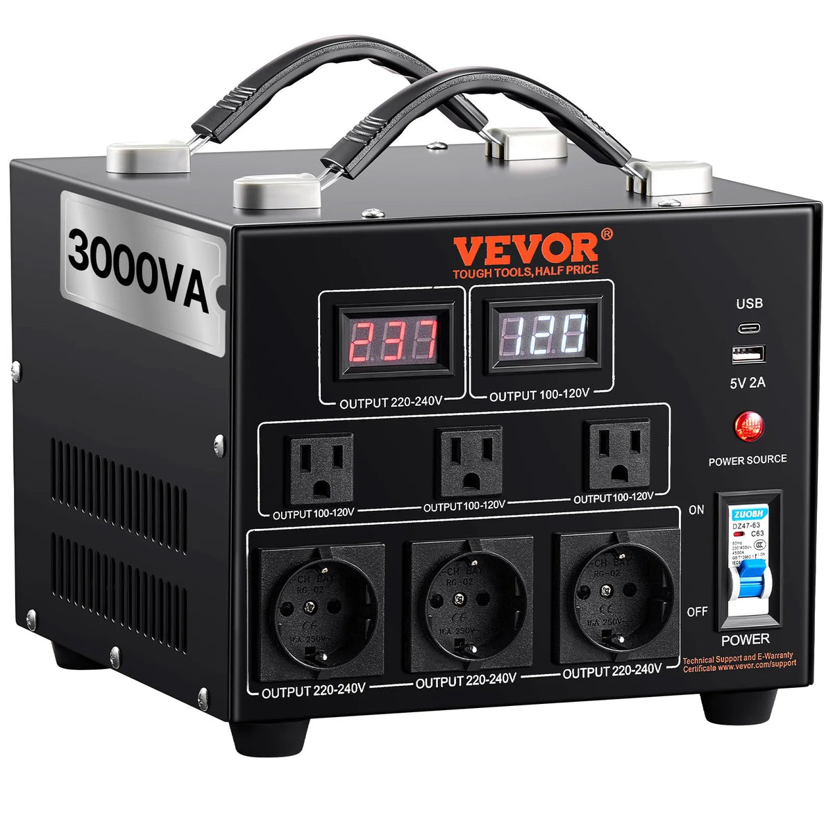 VEVOR sprieguma pārveidotājs transformators 3000 VA ar 110 V uz 220 V un 220 V uz 110 V pārveidošanu, ar US un EU ligzdām, 5 V USB izeju un CE sertifikāciju - ZEMLETES.LV