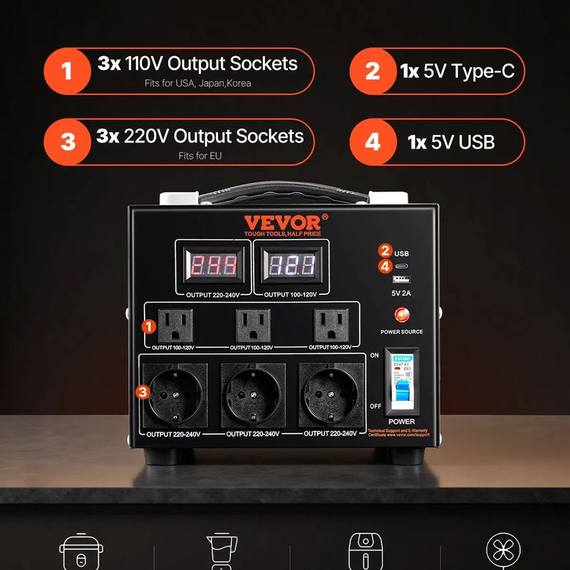 VEVOR sprieguma pārveidotājs transformators 3000 VA ar 110 V uz 220 V un 220 V uz 110 V pārveidošanu, ar US un EU ligzdām, 5 V USB izeju un CE sertifikāciju - ZEMLETES.LV