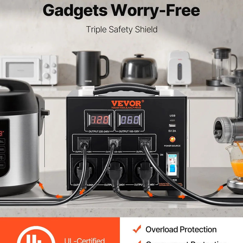 VEVOR sprieguma pārveidotājs transformators 3000 VA ar 110 V uz 220 V un 220 V uz 110 V pārveidošanu, ar US un EU ligzdām, 5 V USB izeju un CE sertifikāciju - ZEMLETES.LV