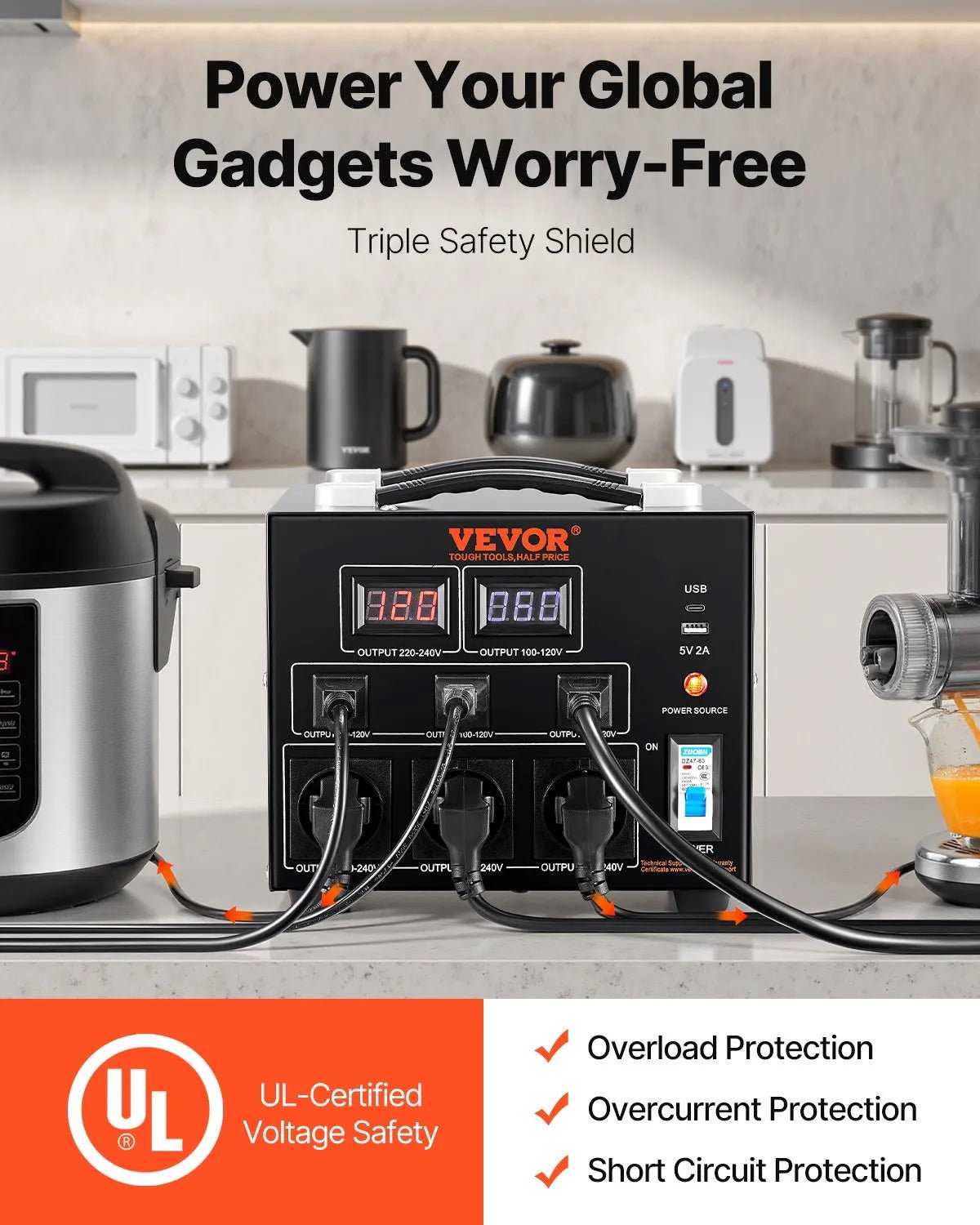 VEVOR sprieguma pārveidotājs transformators 3000 VA ar 110 V uz 220 V un 220 V uz 110 V pārveidošanu, ar US un EU ligzdām, 5 V USB izeju un CE sertifikāciju - ZEMLETES.LV