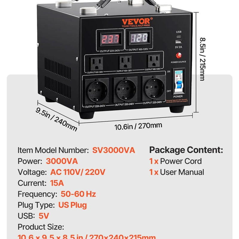 VEVOR sprieguma pārveidotājs transformators 3000 VA ar 110 V uz 220 V un 220 V uz 110 V pārveidošanu, ar US un EU ligzdām, 5 V USB izeju un CE sertifikāciju - ZEMLETES.LV