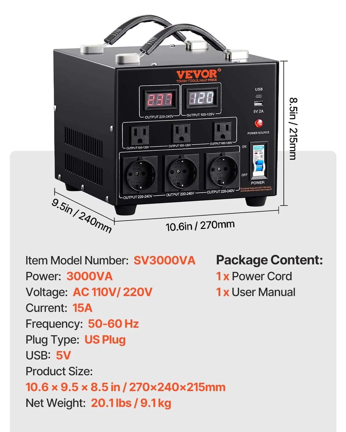 VEVOR sprieguma pārveidotājs transformators 3000 VA ar 110 V uz 220 V un 220 V uz 110 V pārveidošanu, ar US un EU ligzdām, 5 V USB izeju un CE sertifikāciju - ZEMLETES.LV