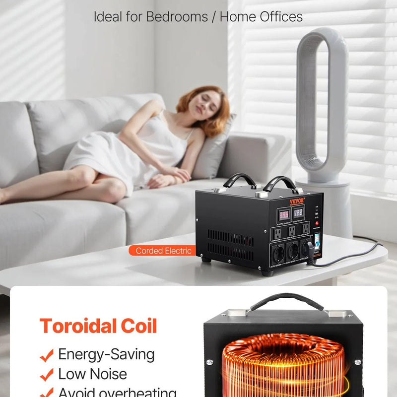 VEVOR sprieguma pārveidotājs transformators 3000 VA ar 110 V uz 220 V un 220 V uz 110 V pārveidošanu, ar US un EU ligzdām, 5 V USB izeju un CE sertifikāciju - ZEMLETES.LV