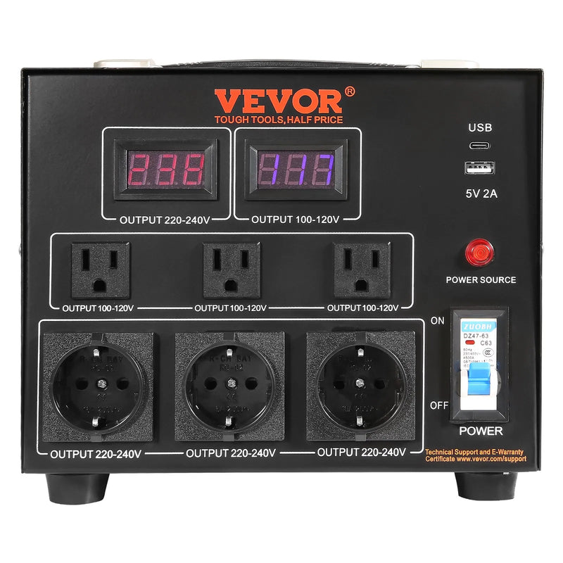 VEVOR sprieguma pārveidotājs transformators 3000 VA ar 110 V uz 220 V un 220 V uz 110 V pārveidošanu, ar US un EU ligzdām, 5 V USB izeju un CE sertifikāciju - ZEMLETES.LV