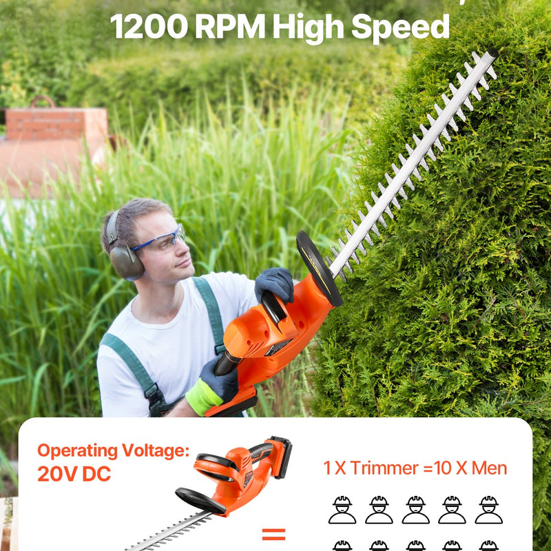 VEVOR bezvadu elektriskais dzīvžoga trimmeris, 20 V, 2 Ah akumulators, 510 mm divvirzienu asmens