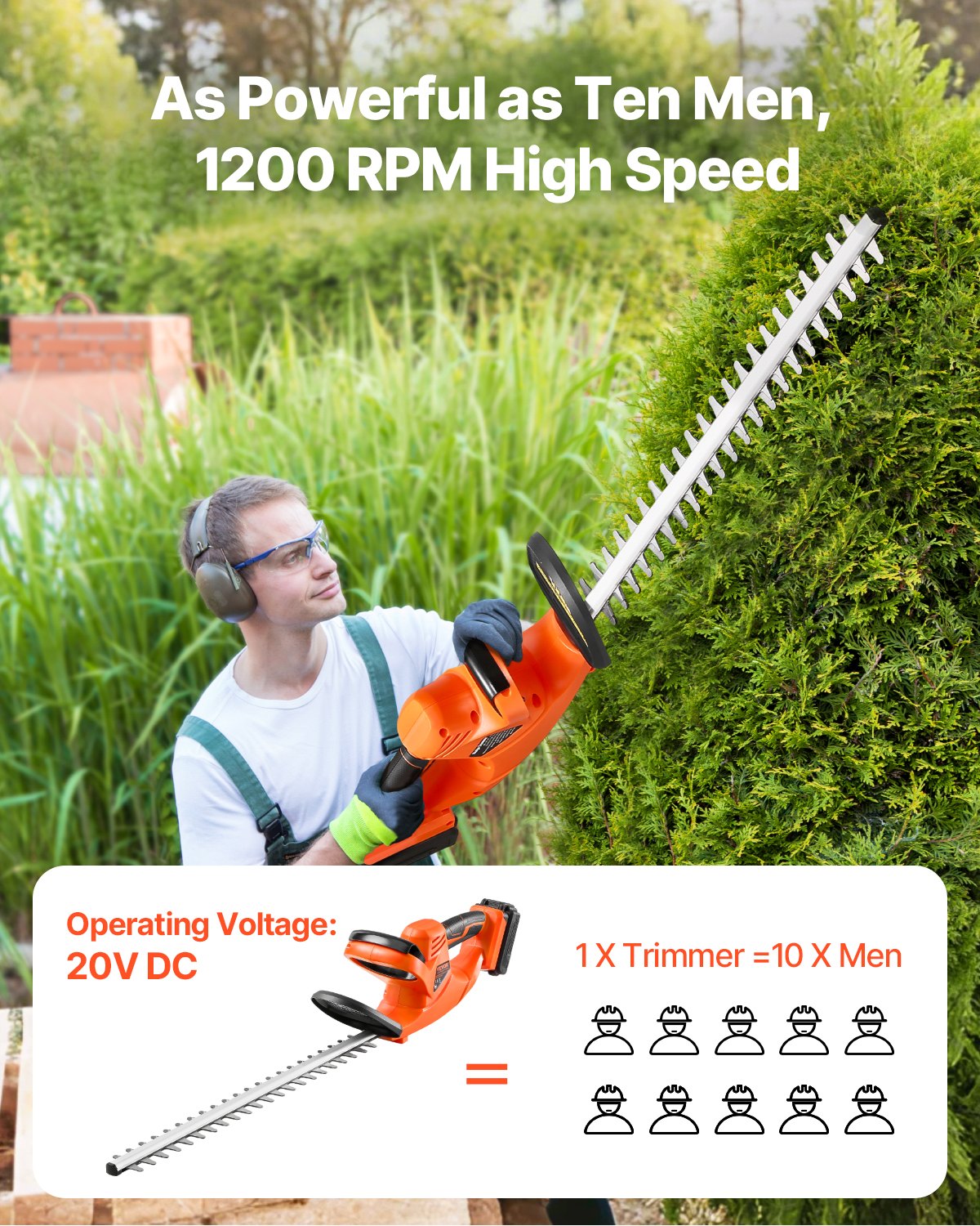 VEVOR Cordless Electric Hedge Trimmer, 20 V, 2 Ah Battery, 510 mm Dual-Blade