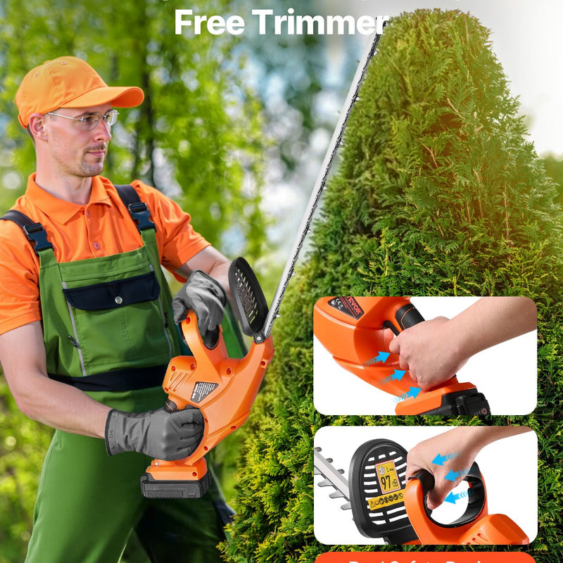 VEVOR bezvadu elektriskais dzīvžoga trimmeris, 20 V, 2 Ah akumulators, 510 mm divvirzienu asmens