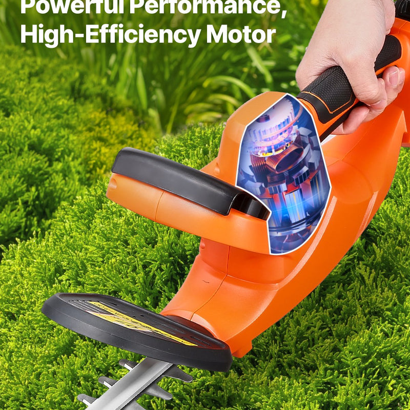 VEVOR bezvadu elektriskais dzīvžoga trimmeris, 20 V, 2 Ah akumulators, 510 mm divvirzienu asmens