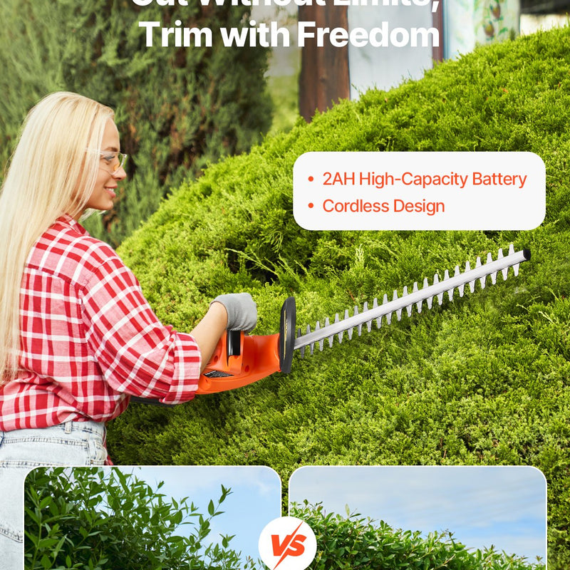 VEVOR bezvadu elektriskais dzīvžoga trimmeris, 20 V, 2 Ah akumulators, 510 mm divvirzienu asmens