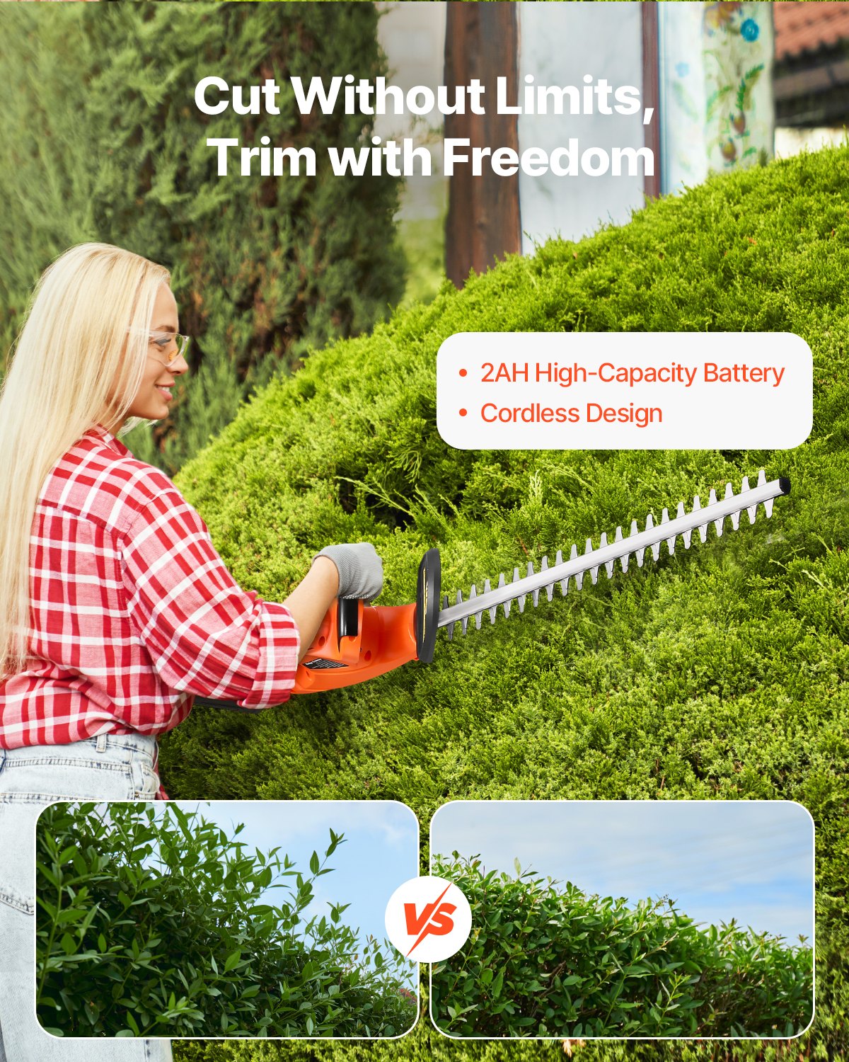 VEVOR Cordless Electric Hedge Trimmer, 20 V, 2 Ah Battery, 510 mm Dual-Blade