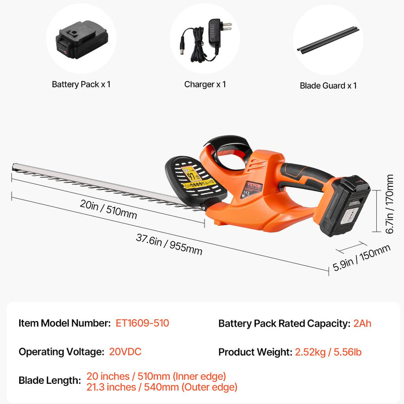 VEVOR bezvadu elektriskais dzīvžoga trimmeris, 20 V, 2 Ah akumulators, 510 mm divvirzienu asmens