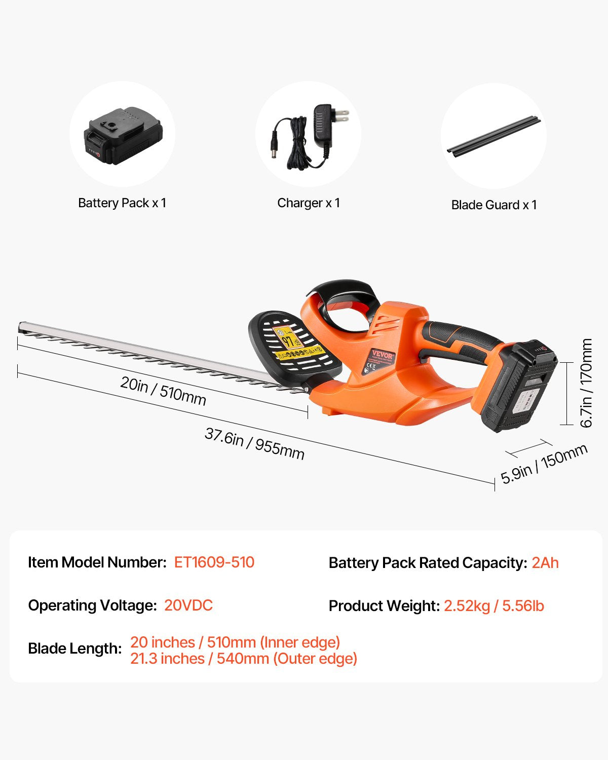 VEVOR Cordless Electric Hedge Trimmer, 20 V, 2 Ah Battery, 510 mm Dual-Blade