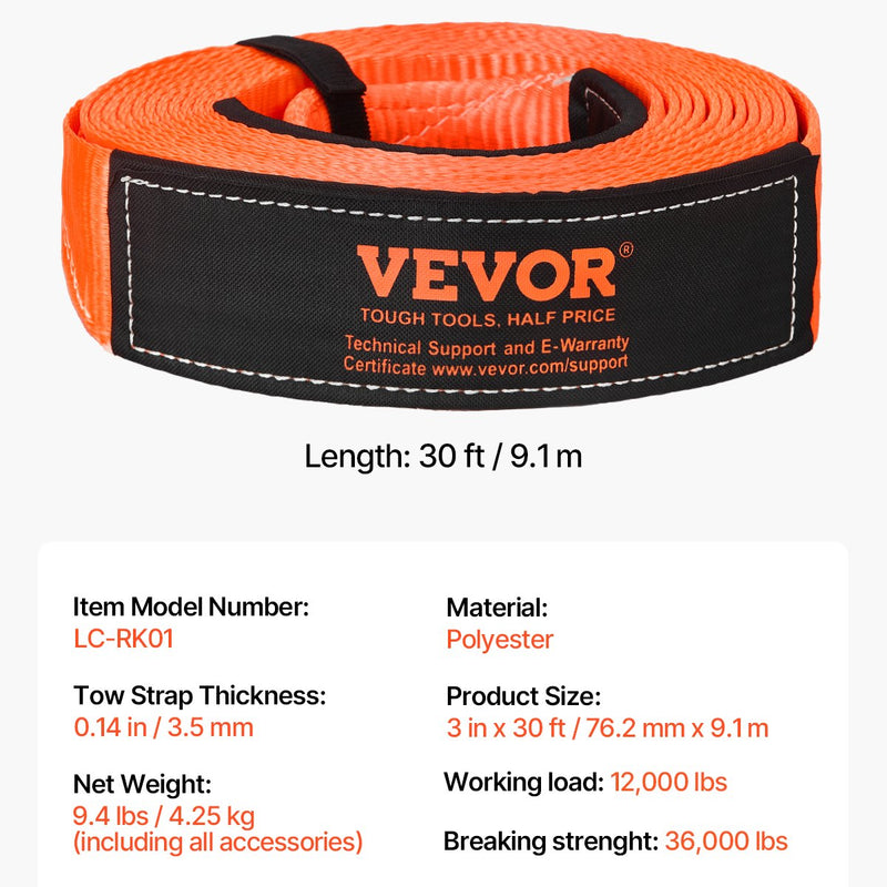 Auto vilkšanas troses/siksnas virve 16,3 t 9,1 m 76,2 mm smagas slodzes ārkārtas palīdzībai