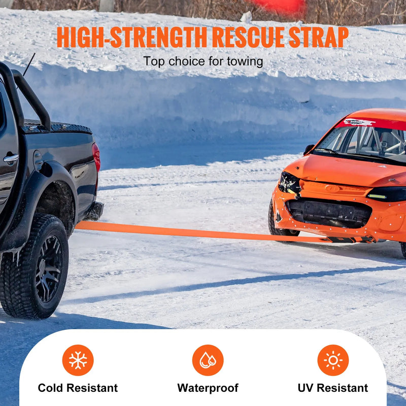 Auto vilkšanas troses/siksnas virve 7,6 cm × 2,4 m, pārrāvuma izturība 16,3 t, trīskārši pastiprinātas cilpas, koku aizsargs, vinčas pagarinājuma siksna, bezceļu vilkšanai un atgūšanai, izturīga ekstremālos laikapstākļos.