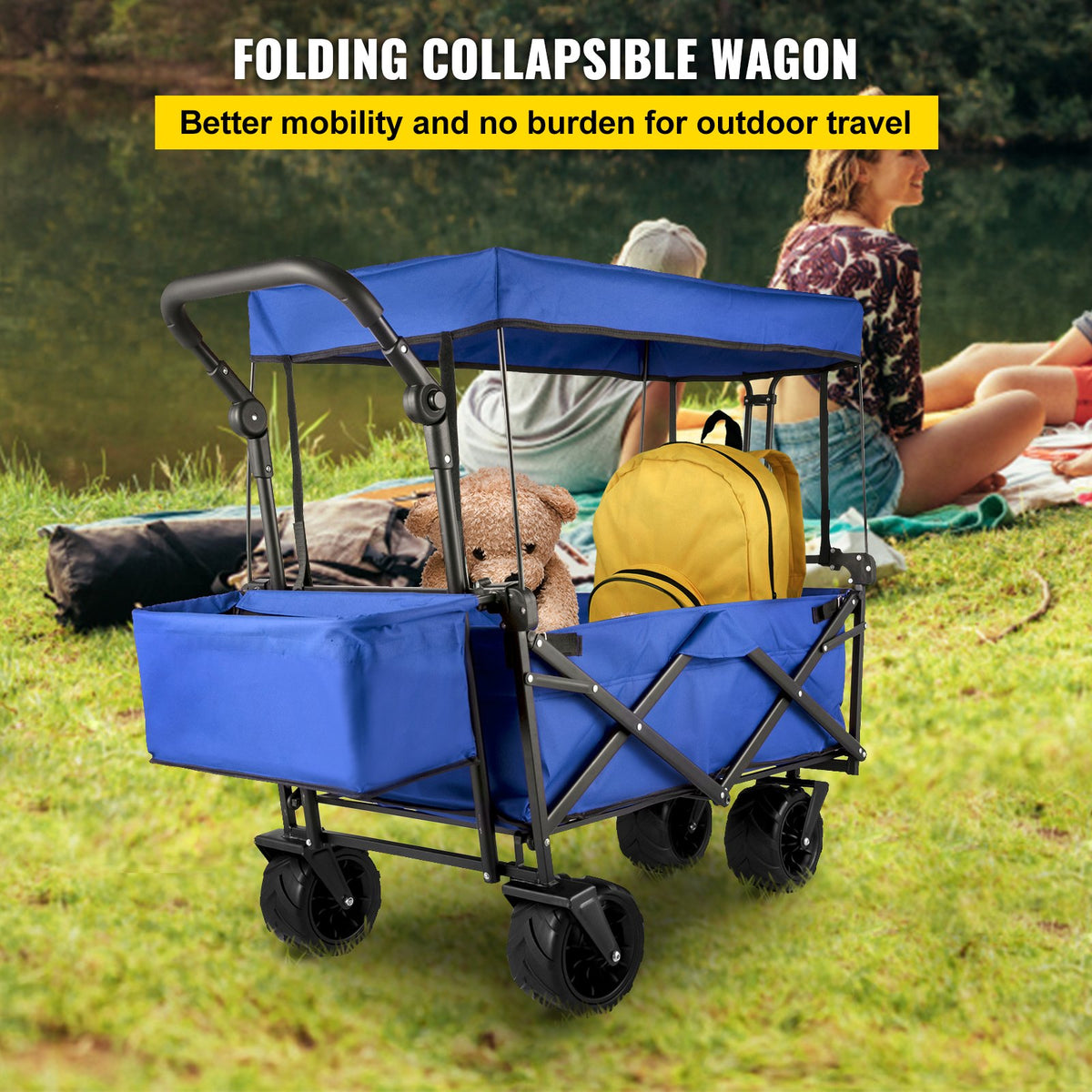 VEVOR Folding Hand Truck with Canopy, Collapsible Beach Cart with Large Wheels and Adjustable Push-Pull Handle, Heavy-Duty Cart for Camping, Garden and Leisure, 100 kg Load Capacity