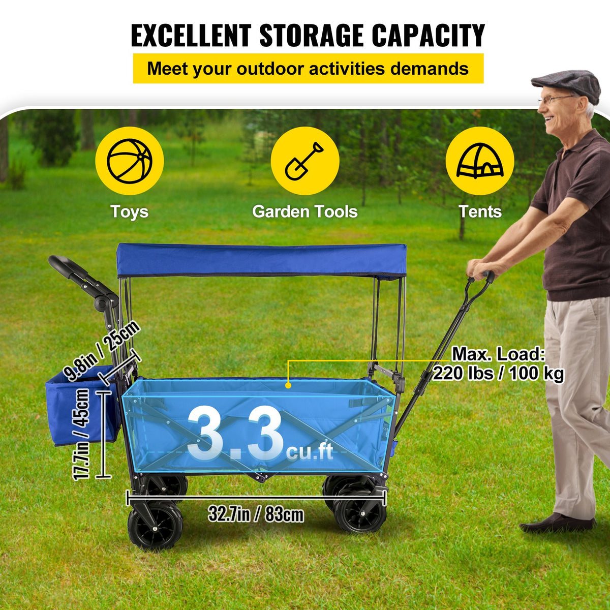 VEVOR Folding Hand Truck with Canopy, Collapsible Beach Cart with Large Wheels and Adjustable Push-Pull Handle, Heavy-Duty Cart for Camping, Garden and Leisure, 100 kg Load Capacity