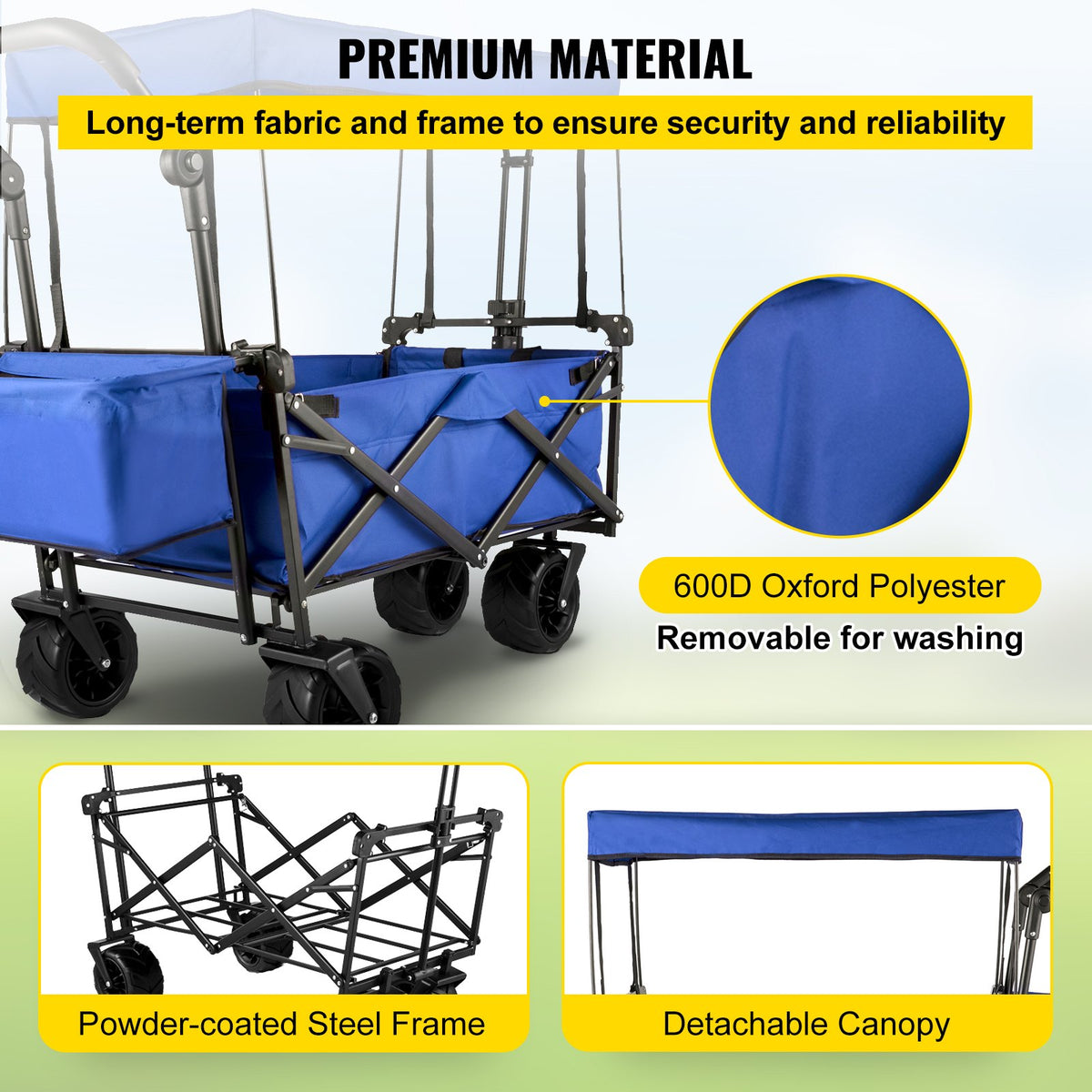 VEVOR Folding Hand Truck with Canopy, Collapsible Beach Cart with Large Wheels and Adjustable Push-Pull Handle, Heavy-Duty Cart for Camping, Garden and Leisure, 100 kg Load Capacity