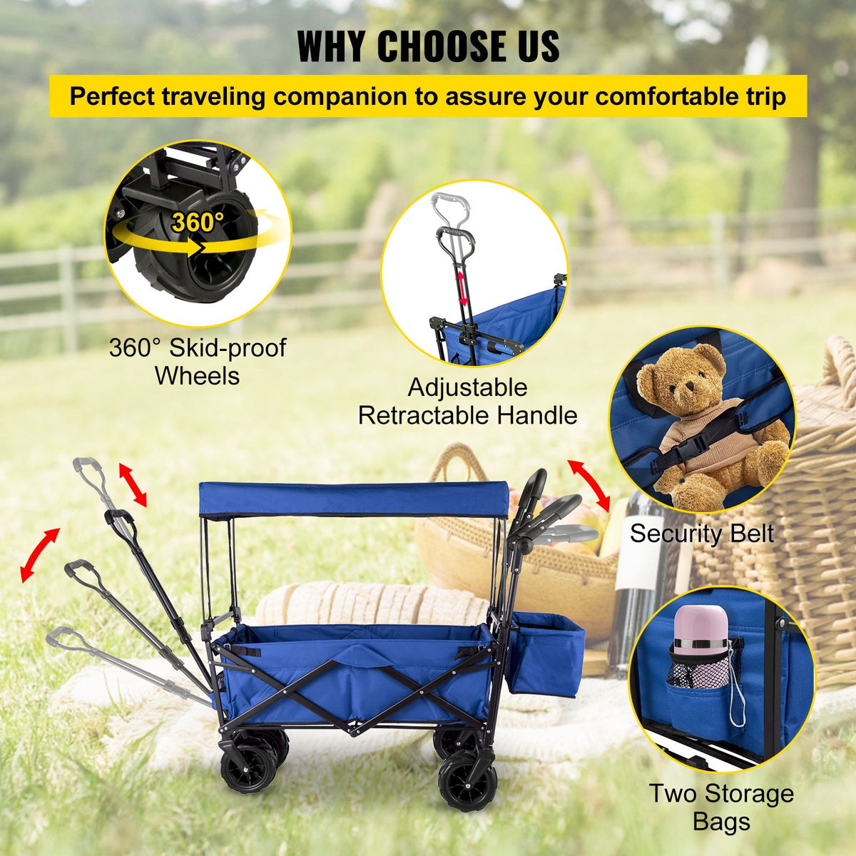 VEVOR Folding Hand Truck with Canopy, Collapsible Beach Cart with Large Wheels and Adjustable Push-Pull Handle, Heavy-Duty Cart for Camping, Garden and Leisure, 100 kg Load Capacity