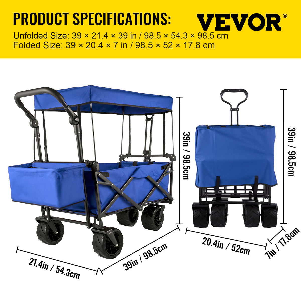 VEVOR Folding Hand Truck with Canopy, Collapsible Beach Cart with Large Wheels and Adjustable Push-Pull Handle, Heavy-Duty Cart for Camping, Garden and Leisure, 100 kg Load Capacity