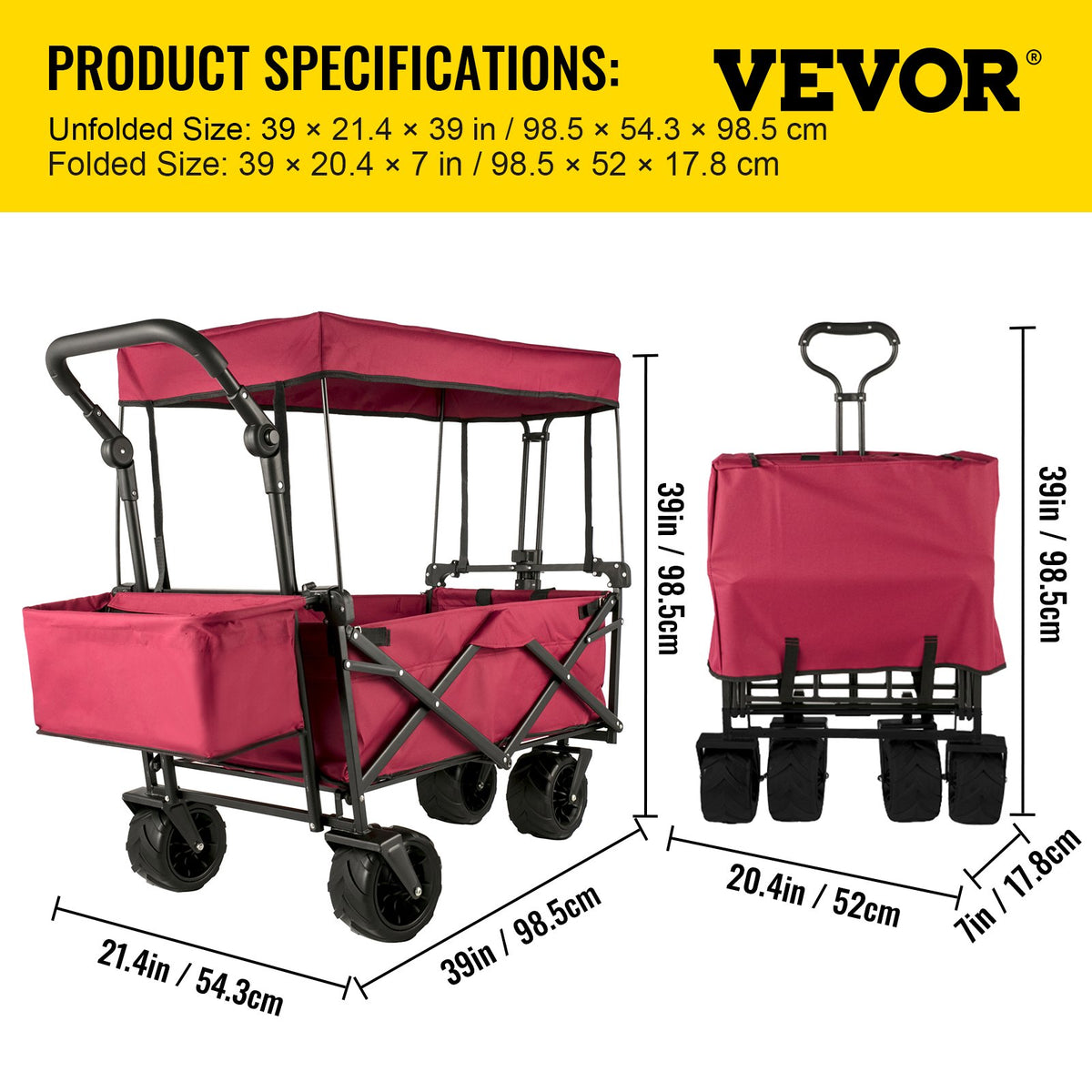VEVOR Folding Beach Cart with Removable Canopy, Collapsible Wagon with Large Wheels and Adjustable Push-Pull Handle, Heavy-Duty Outdoor Cart for Garden, Camping and Recreation, 100 kg Load Capacity