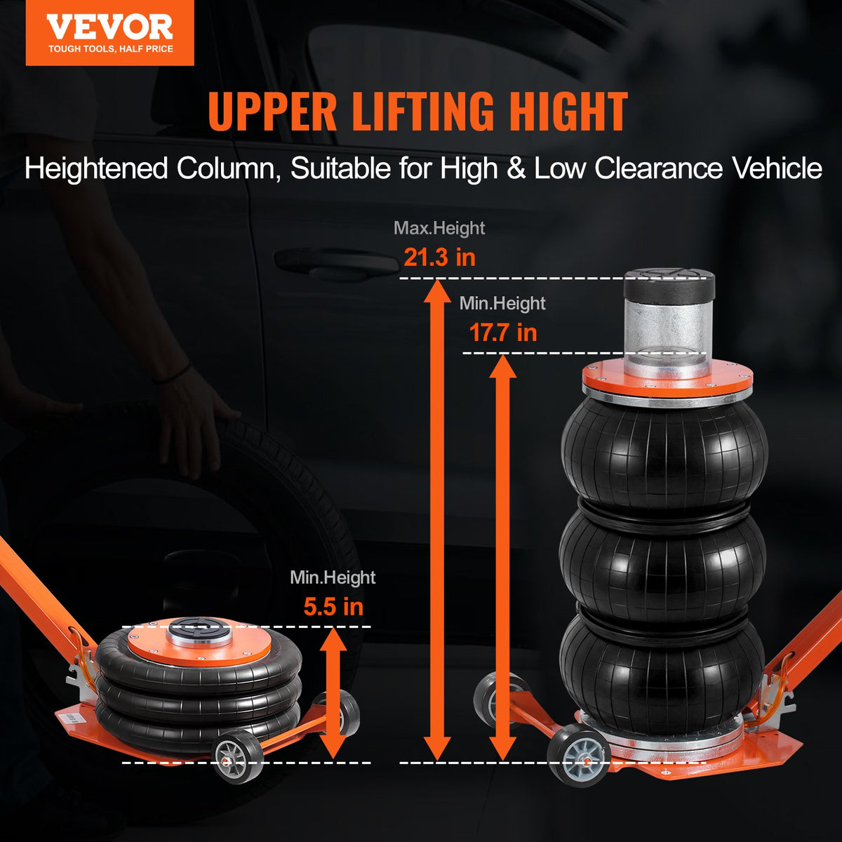 VEVOR Pneumatic Jack, 3 Tonnes, with Raised Column, Suitable for Light Vehicles