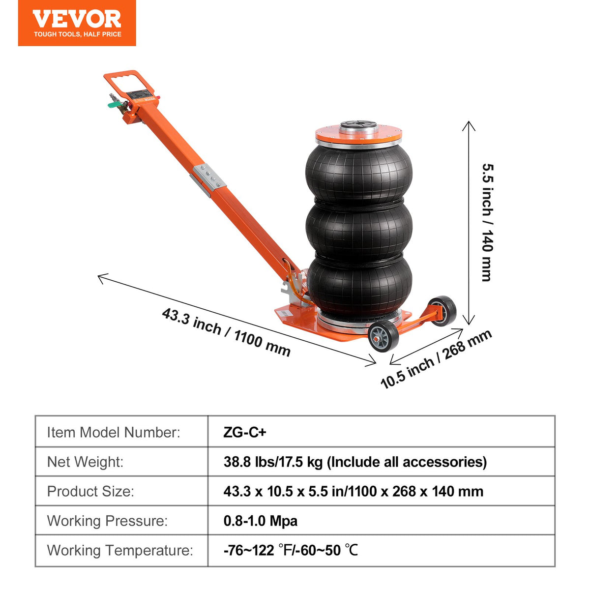 VEVOR Pneumatic Jack, 3 Tonnes, with Raised Column, Suitable for Light Vehicles