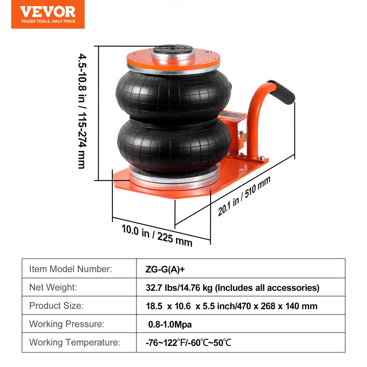 VEVOR Pneumatic Jack, 3 Tonnes, with Raised Column, Suitable for Light Vehicles