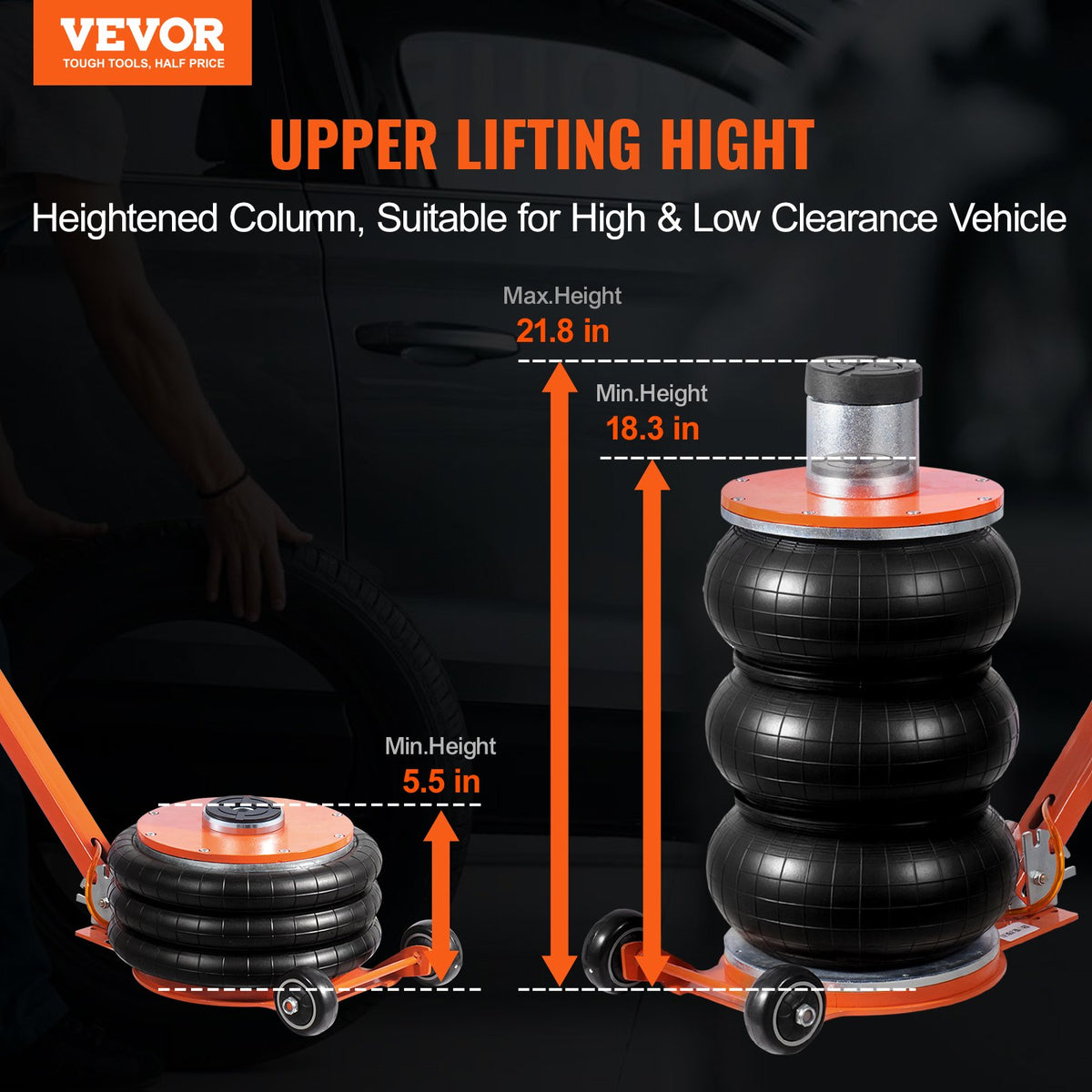 VEVOR Pneumatic Jack, 5 Tonnes / 5000 kg, with Raised Column, Suitable for Light Vehicles
