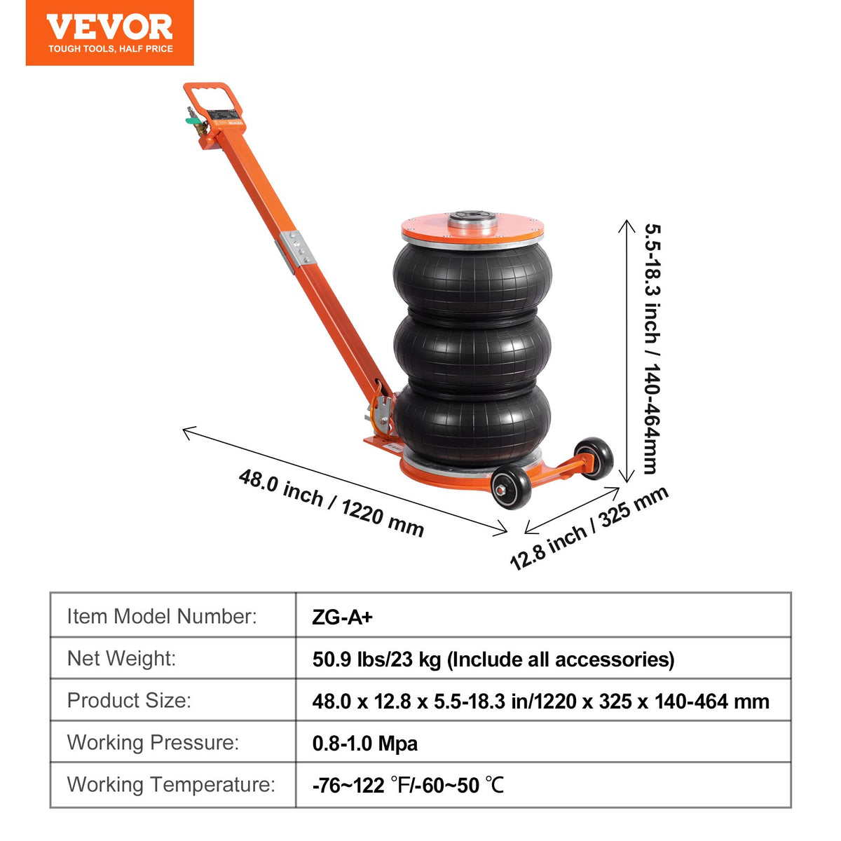 VEVOR Pneumatic Jack, 5 Tonnes / 5000 kg, with Raised Column, Suitable for Light Vehicles