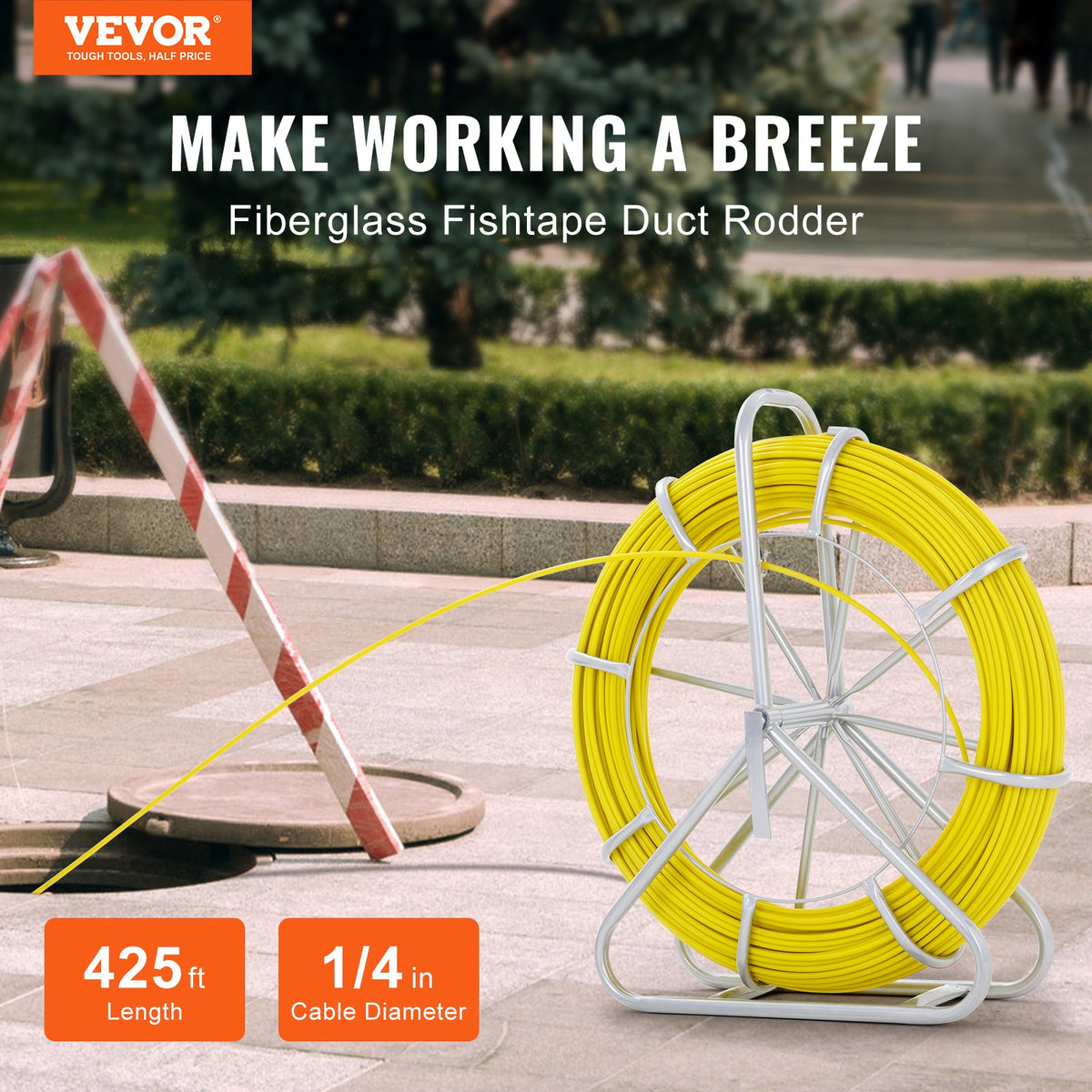 VEVOR Fibreglass Cable Tape 130 m 6 mm with Steel Spool Stand and 3 Pulling Heads