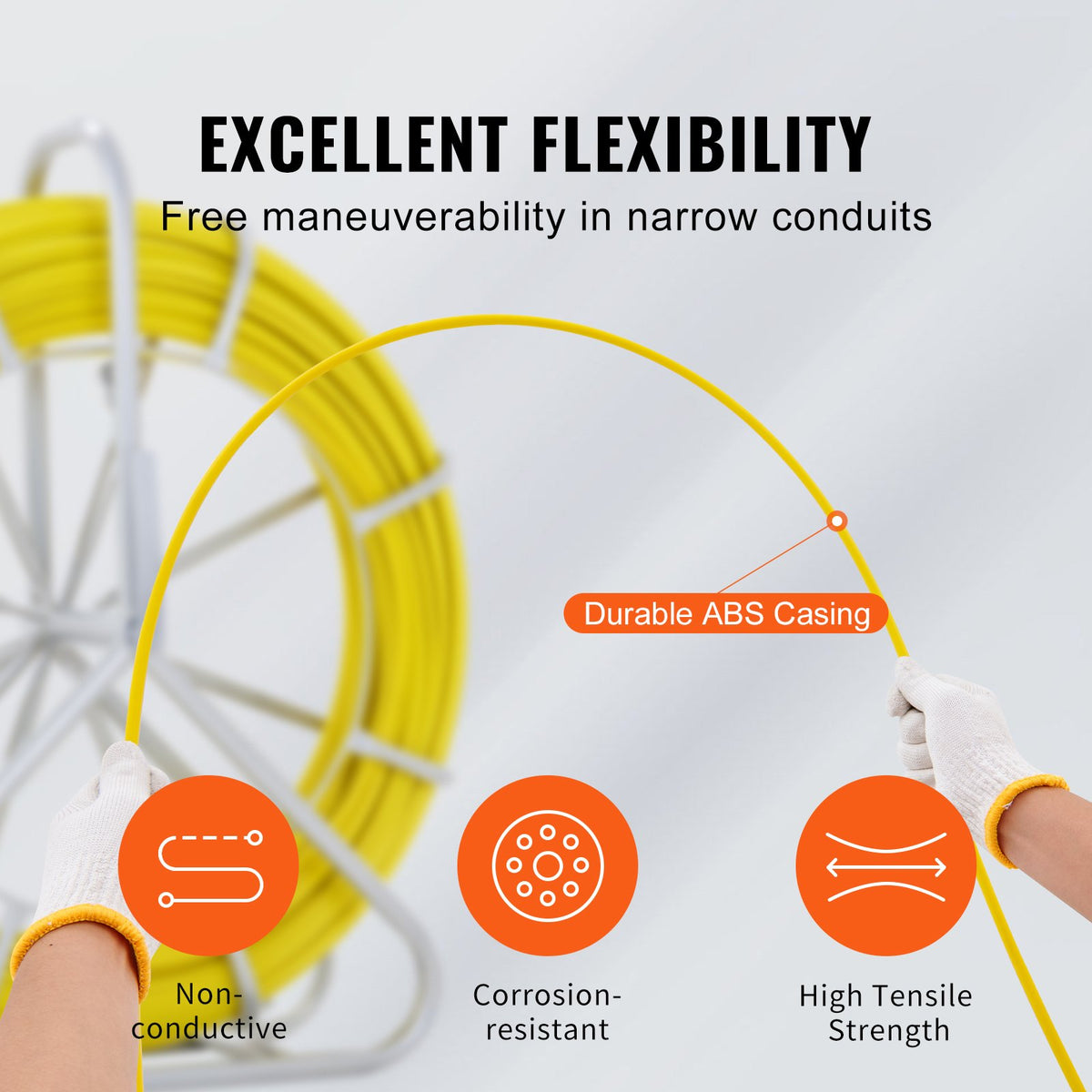 VEVOR Fibreglass Cable Tape 130 m 6 mm with Steel Spool Stand and 3 Pulling Heads