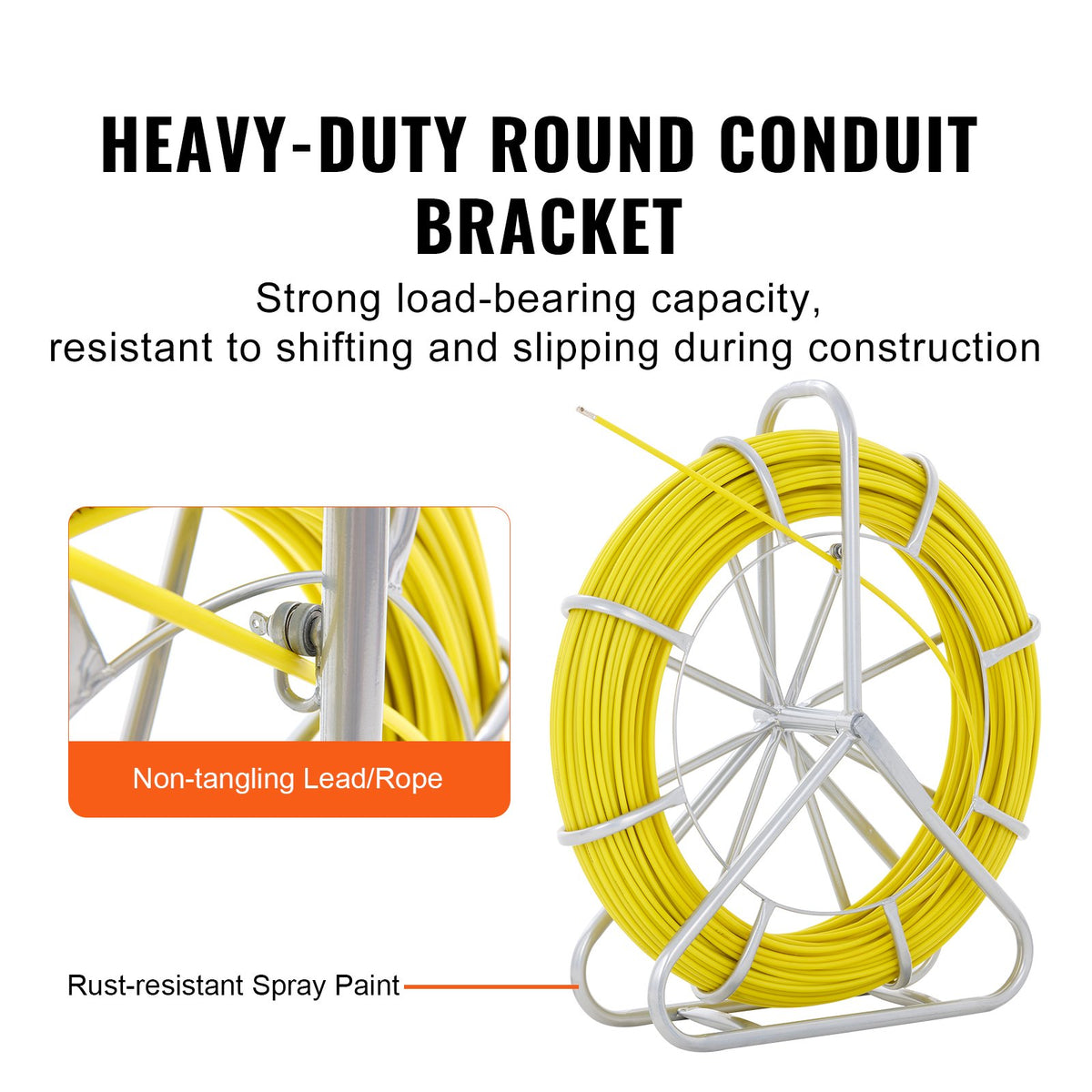 VEVOR Fibreglass Cable Tape 130 m 6 mm with Steel Spool Stand and 3 Pulling Heads