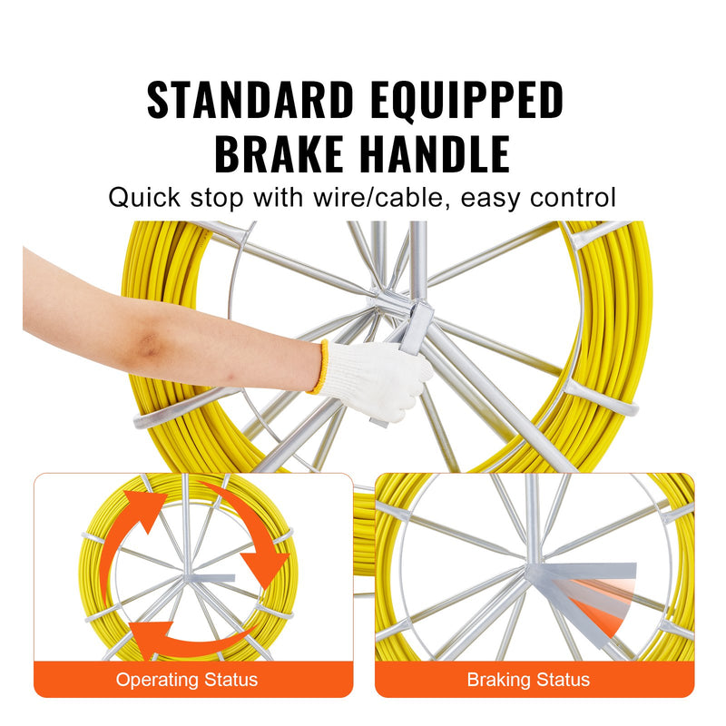 VEVOR stiklašķiedras kabeļu lente 130 m 6 mm ar tērauda spolīšu statīvu un 3 vilkšanas galviņām